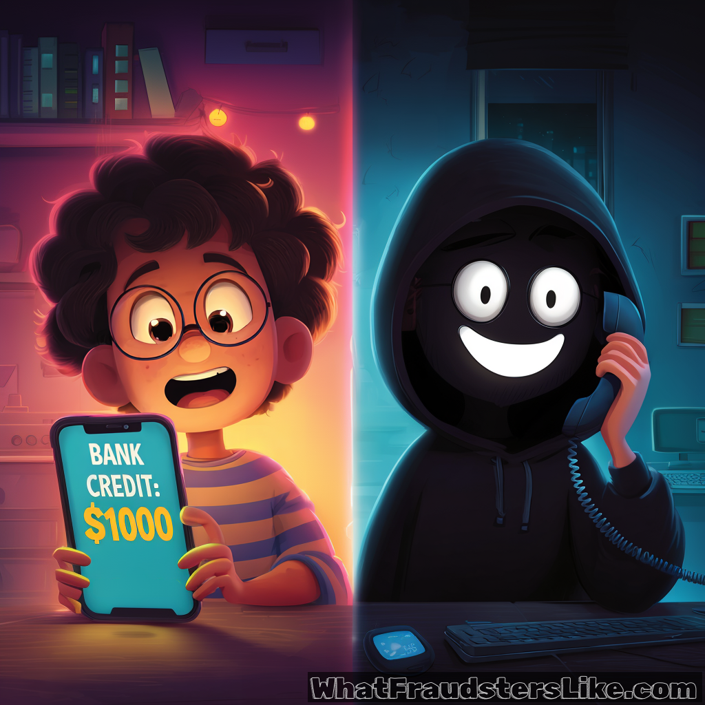 On the left, a surprised young boy with glasses looks at his smartphone, which displays a message: "BANK CREDIT: $1000." The scene is brightly lit with warm orange tones. On the right, separated by a vertical glow, a mysterious figure in a dark hoodie with a stylized, grinning mask talks on a corded telephone. The hacker’s side is cast in a cool, dark blue light, emphasizing the contrast between the victim's excitement and the fraudster's deception.