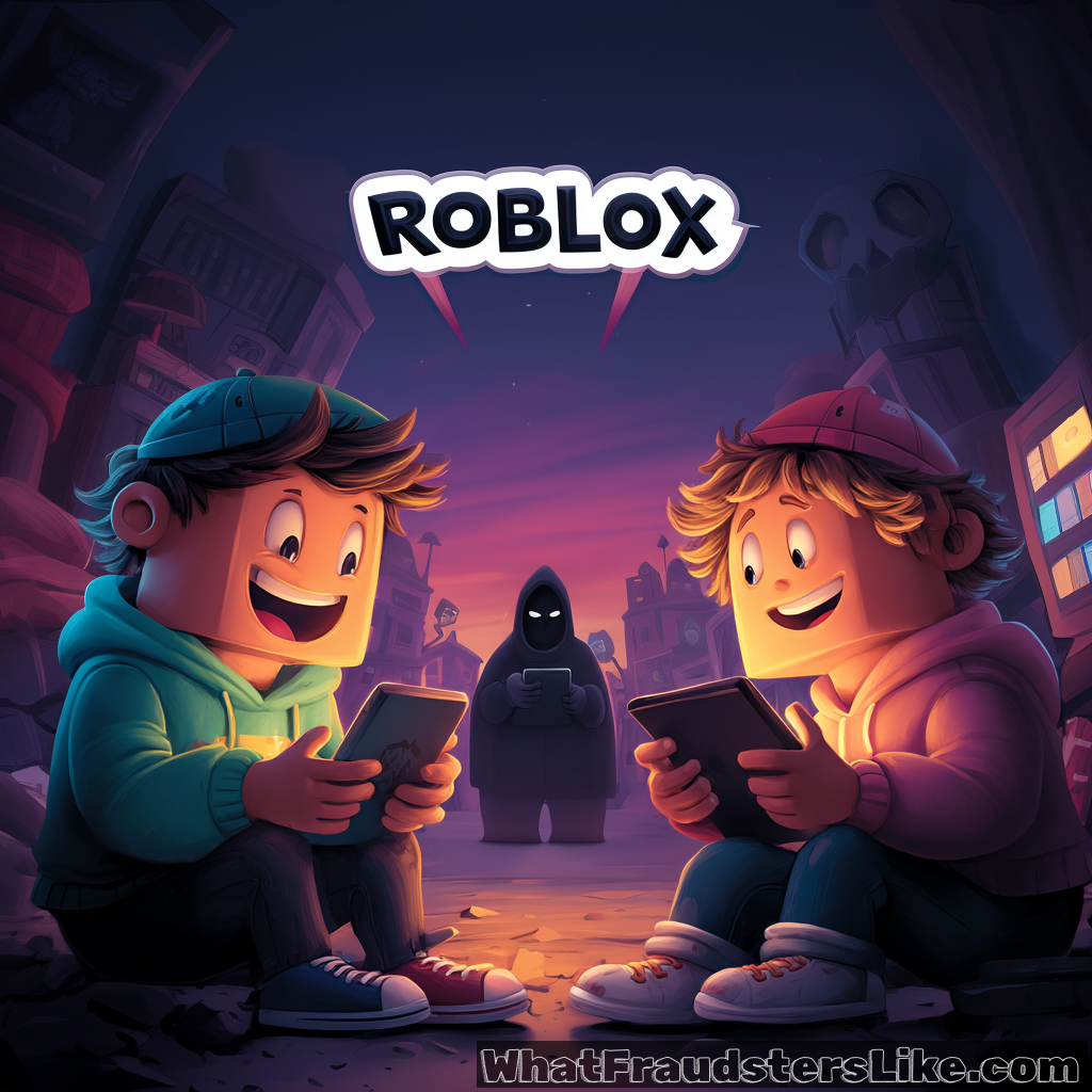 Two smiling, blocky Roblox-style characters sit side-by-side playing on their handheld tablets under a glowing "ROBLOX" sign, while a sinister, hooded figure with glowing white eyes watches them from the shadows in the background.