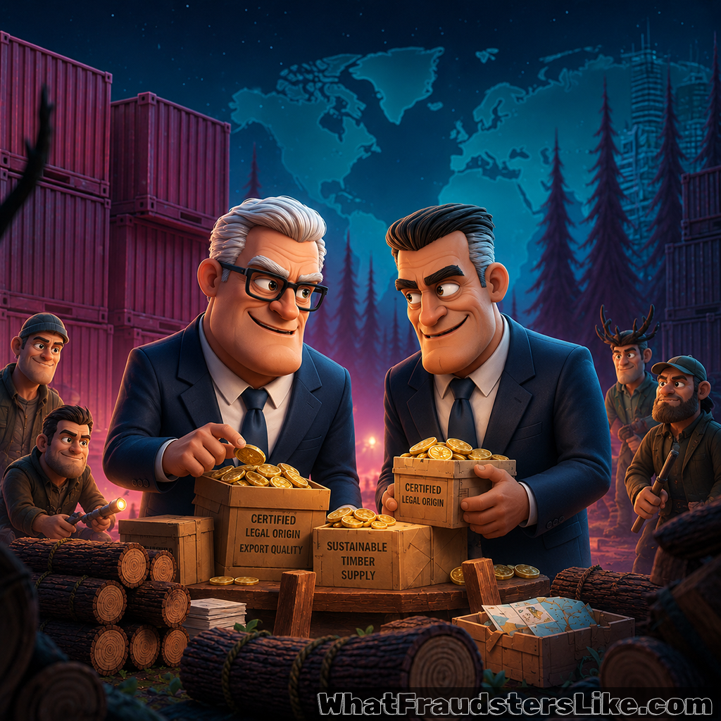 In the center, two smiling businessmen in corporate suits and ties stand over a wooden table, filling wooden crates with shiny gold coins. The crates are stamped with deceptive labels like "CERTIFIED LEGAL ORIGIN EXPORT QUALITY," "CERTIFIED LEGAL ORIGIN," and "SUSTAINABLE TIMBER SUPPLY." Surrounding them in a dark, atmospheric outdoor setting are stacked cut logs, red shipping containers, a faint blue world map overlay in the night sky, and pine trees. On both sides, rugged-looking workers watch the scene with sly expressions, emphasizing the illicit nature of the operation. The image serves as a visual metaphor for how fraudsters manipulate certifications and trade documentation to launder money or sell illegally sourced natural resources under a veneer of legitimacy.