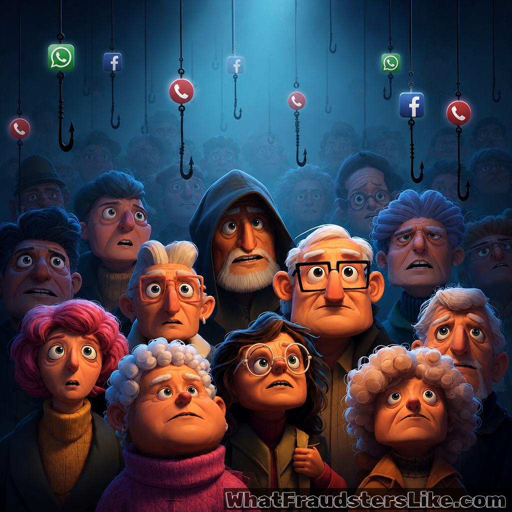 A large crowd of elderly men and women with diverse features, many wearing glasses and winter clothing, look upward with expressions of worry, confusion, and anxiety. Hanging down from above, directly over and around the crowd, are numerous sharp, black metal fishhooks on thin lines, illuminated by a dramatic, cool blue spotlight from the top center. The background fades into misty, shadowed silhouettes of more people under the dark, atmospheric lighting. The image serves as a powerful visual metaphor for elder fraud and phishing campaigns, illustrating how cybercriminals and scammers systematically target older generations with malicious traps.