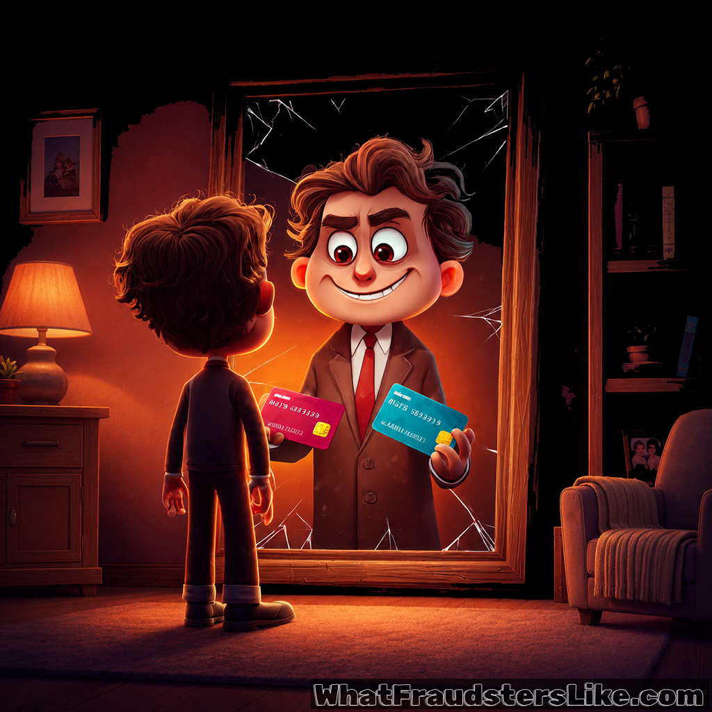 In a dimly lit living room with warm lamp lighting, a young man stands with his back to the viewer, looking into a large, gold-framed mirror on the floor. Instead of his true reflection, the mirror reveals a sinister doppelgänger in a formal suit and tie, wearing a wide, malicious grin. The imposter in the mirror is holding up two credit cards - one pink and one blue - while the glass around his reflection shows sharp, dramatic cracks. The scene effectively serves as a visual metaphor for identity theft, synthetic identity fraud, and account takeover, where a criminal steals a victim's persona to exploit their financial accounts and credit.