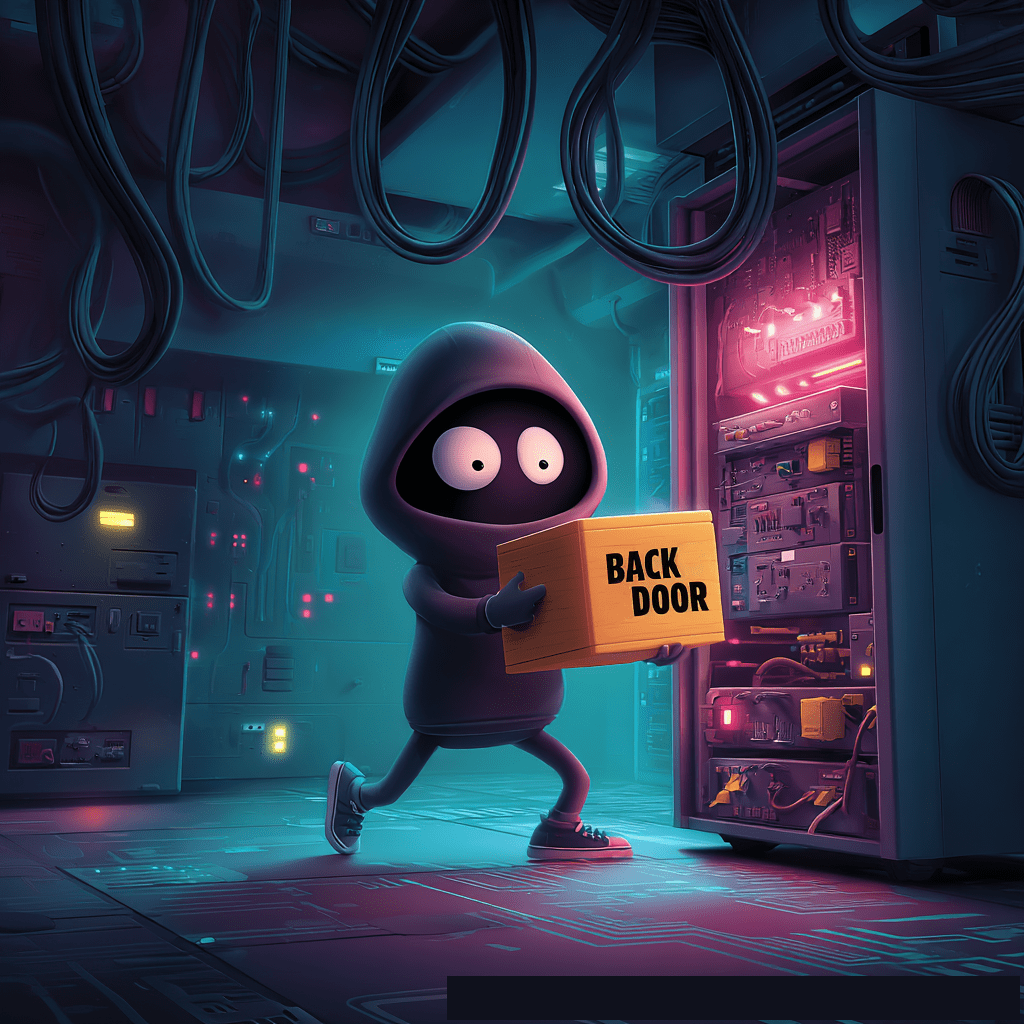 A small, shadowy figure in a dark hoodie with glowing white eyes steps out from a brightly lit office doorway into a dark city street. The glowing interior of the building contrasts sharply with the deep blue and purple tones of the nocturnal cityscape in the background. The image serves as a metaphor for how unauthorized or unmanaged software and hardware—Shadow IT—can create "open doors" or vulnerabilities that allow threats to exit the protected corporate environment or enter it undetected.