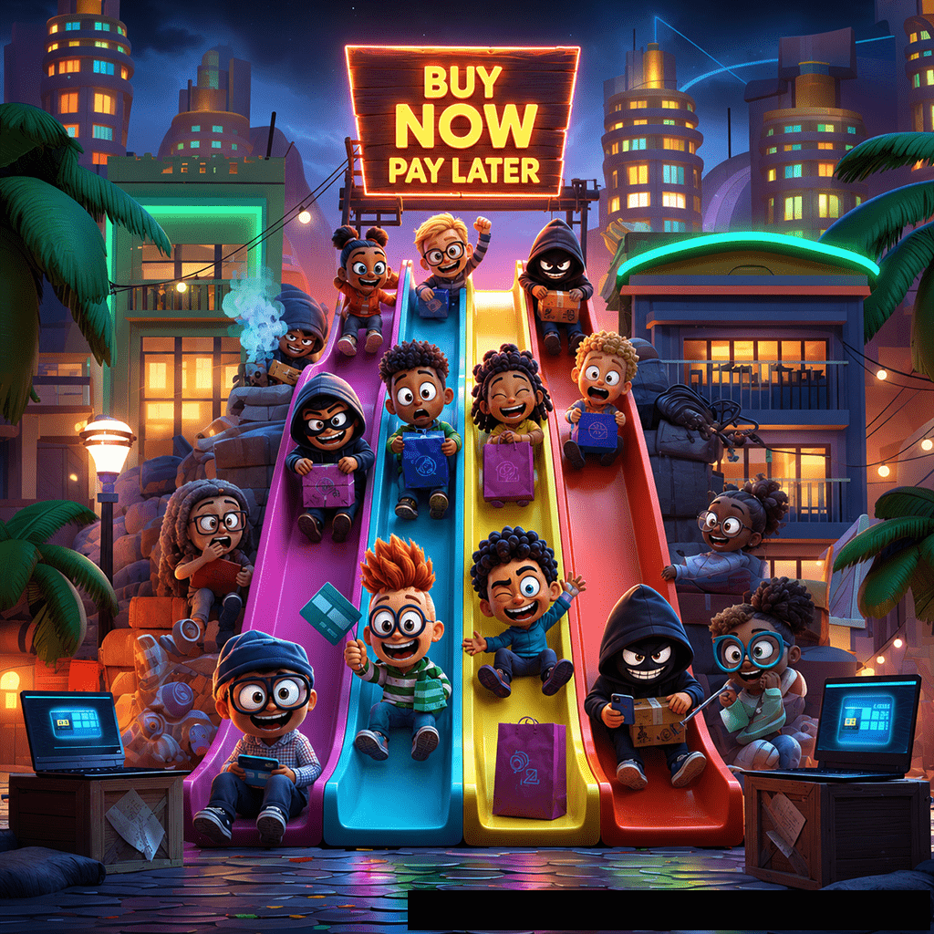 Set against a vibrant, nocturnal city skyline with glowing buildings and palm trees, several cartoon characters are sliding down a large, multi-lane playground slide. At the very top of the structure, a bright neon sign glows with the text "BUY NOW PAY LATER." While some children slide down holding shopping bags with happy or surprised expressions, multiple sinister, hooded hacker figures with malicious grins are interspersed among them, clutching stolen packages and smartphones. On the ground level at both sides of the slide, open laptops on wooden crates display digital account interfaces. The image serves as a visual metaphor for Buy Now, Pay Later (BNPL) fraud, illustrating how scammers exploit friction-free sign-up processes for identity theft, account takeover, and new account fraud.