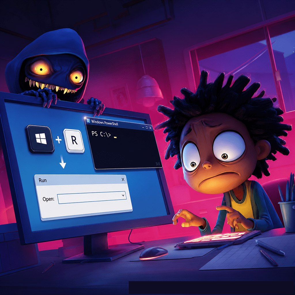 A panicked young developer or user with wide eyes and spiky hair sits at a desk in a room illuminated by neon pink and purple lighting. On the large computer monitor in front of him, an instruction graphic displays the "Windows Key + R" shortcut leading to an open "Run" command box. Above it, a black "Windows PowerShell" command-line window shows PS C:\>. Leering menacingly over the top of the monitor is a small, hooded creature with sharp teeth and glowing yellow eyes, representing a malicious script or hacker. The image serves as a visual metaphor for how scammers trick unsuspecting users into using terminal shortcuts to execute dangerous commands or install malware.