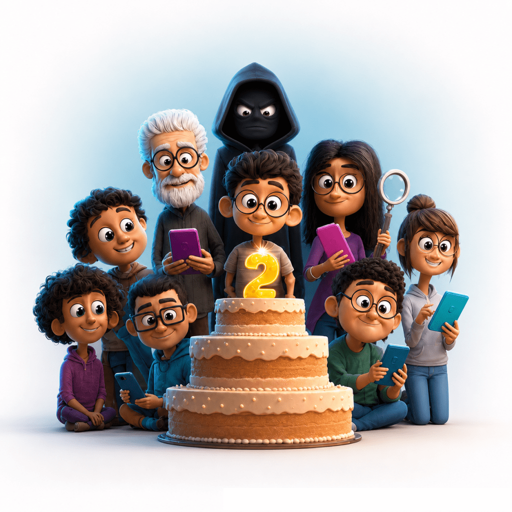 A 3D animated group with smartphones and a magnifying glass celebrating around a 2-tiered birthday cake, while a shadowy hooded fraudster looms in the background.