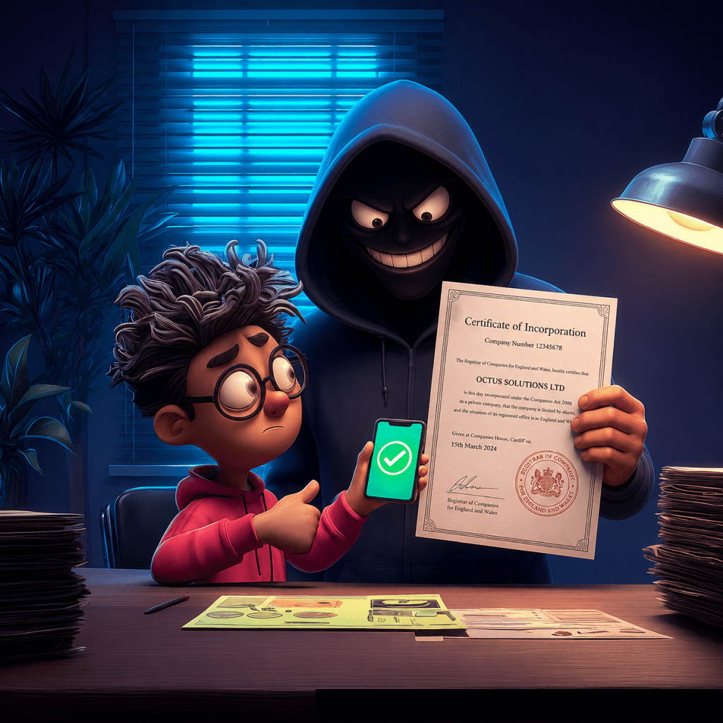 A 3D digital illustration set in a dimly lit office shows a naive young boy seated at a desk beside a sinister, hooded fraudster standing over him. The boy, wearing thick round glasses and a pink hoodie with his messy hair standing on end, looks uncertain as he holds up a smartphone displaying a glowing green checkmark icon, giving a tentative thumbs-up. Lurking right beside him, the fraudster is cloaked in a dark hoodie with glowing, villainous eyes and a sharp, sinister grin, proudly holding up a fraudulent "Certificate of Incorporation" for "OCTUS SOLUTIONS LTD" complete with an official-looking red seal. The wooden desk is cluttered with stacked paperwork, identity documents, and a pen, illuminated by a warm desk lamp that contrasts with the cold, blue ambient light filtering through the window blinds behind them.