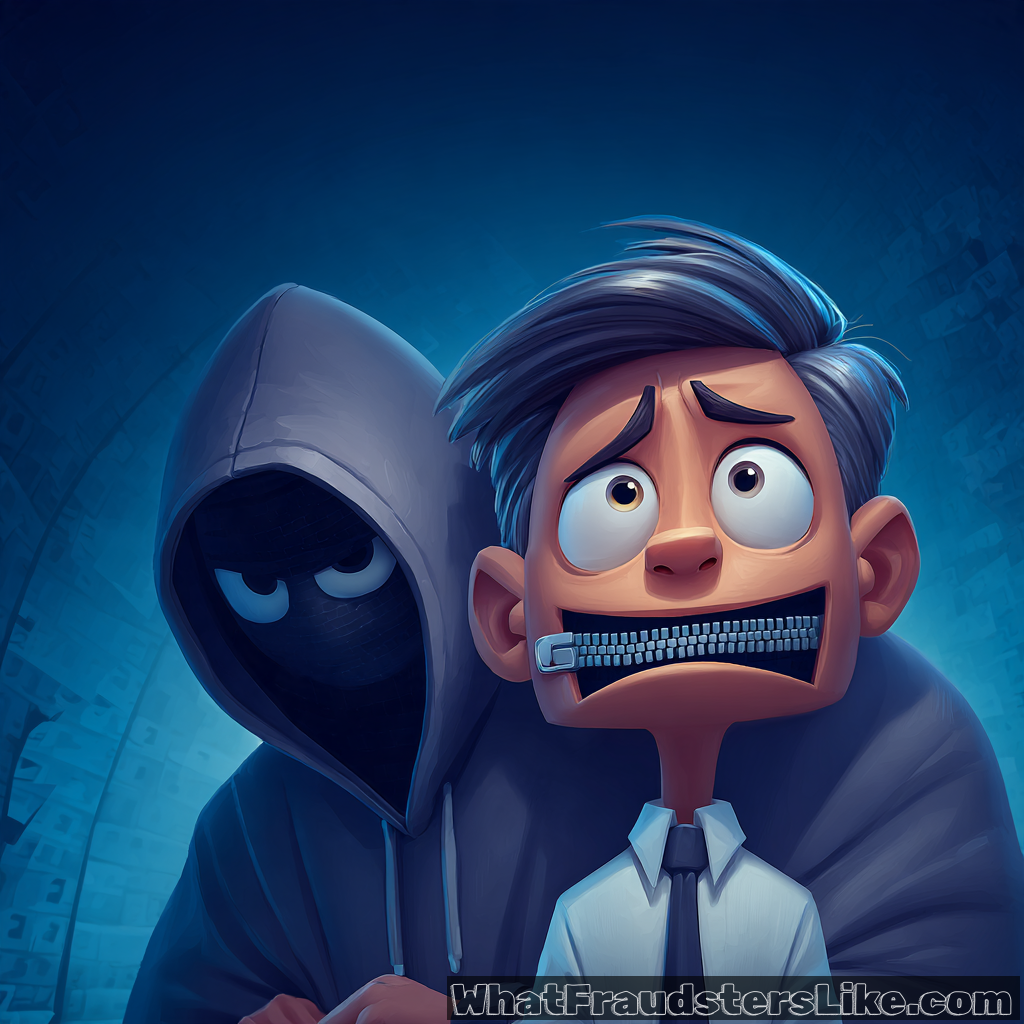Cartoon of a worried office worker in a shirt and tie whose mouth is closed with a zipper, while a hooded figure with glowing eyes lurks close behind him in a dark blue room.