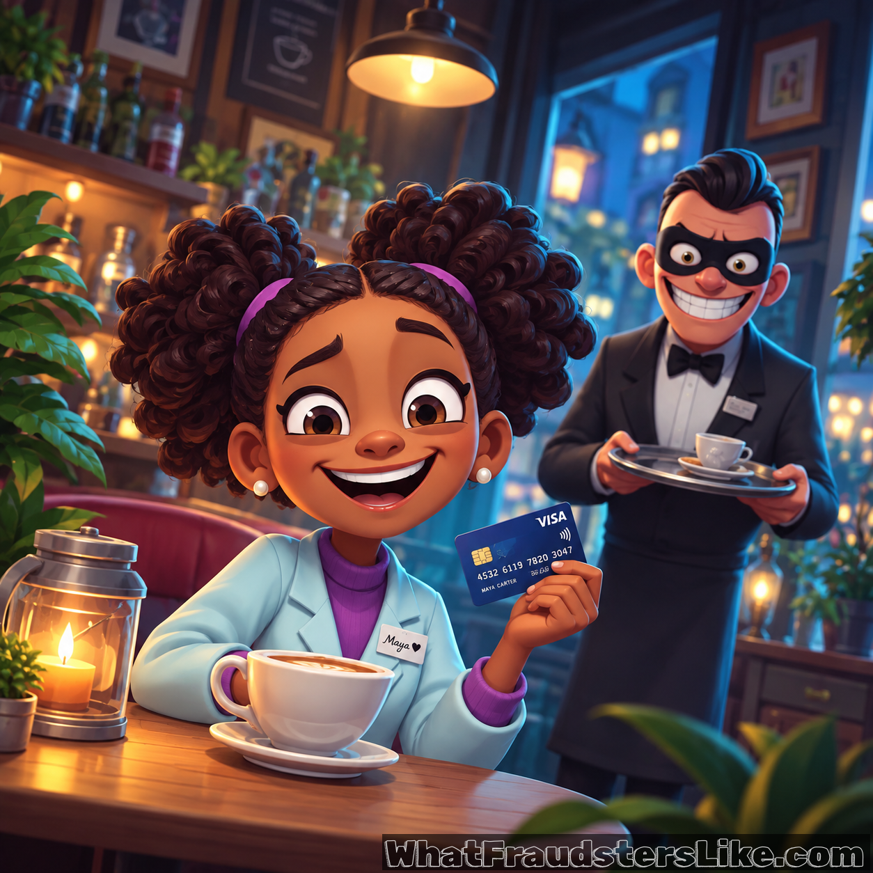 Cartoon of a smiling young woman in a cafe holding up her payment card while a masked waiter carrying a coffee tray grins behind her.