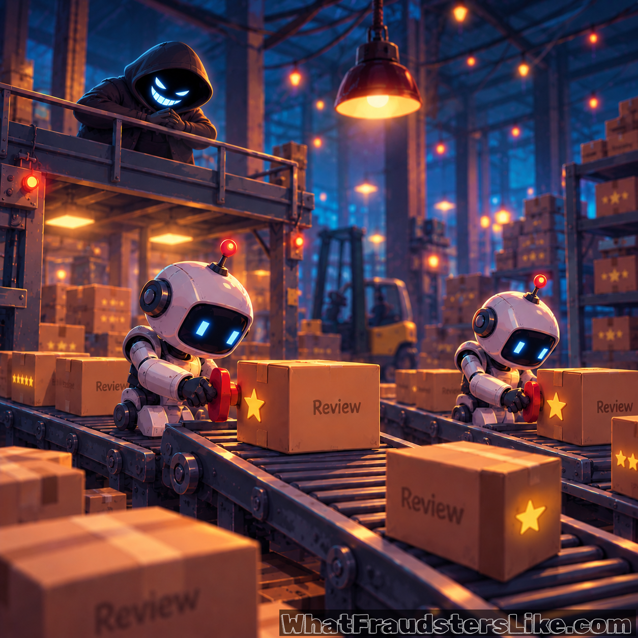 Cartoon of small robots on a factory conveyor belt stamping gold stars onto boxes labeled Review, while a hooded figure with a glowing grin watches from a walkway above.