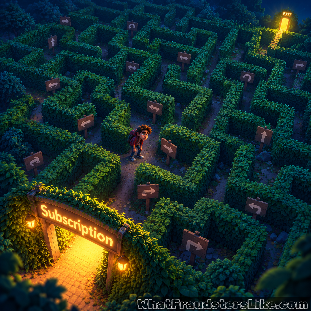 Cartoon of a glowing Subscription gate leading into a huge hedge maze full of confusing arrow signs, with a lost young man in the middle and a tiny exit far away in the corner.