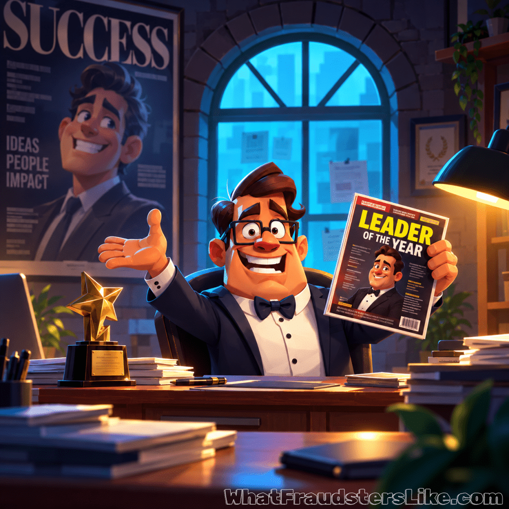 Cartoon of a beaming man in a tuxedo and bow tie at a cluttered office desk, holding up a Leader of the Year magazine with his own face on the cover next to a gold star trophy, while a giant Success cover of himself hangs on the wall behind him.