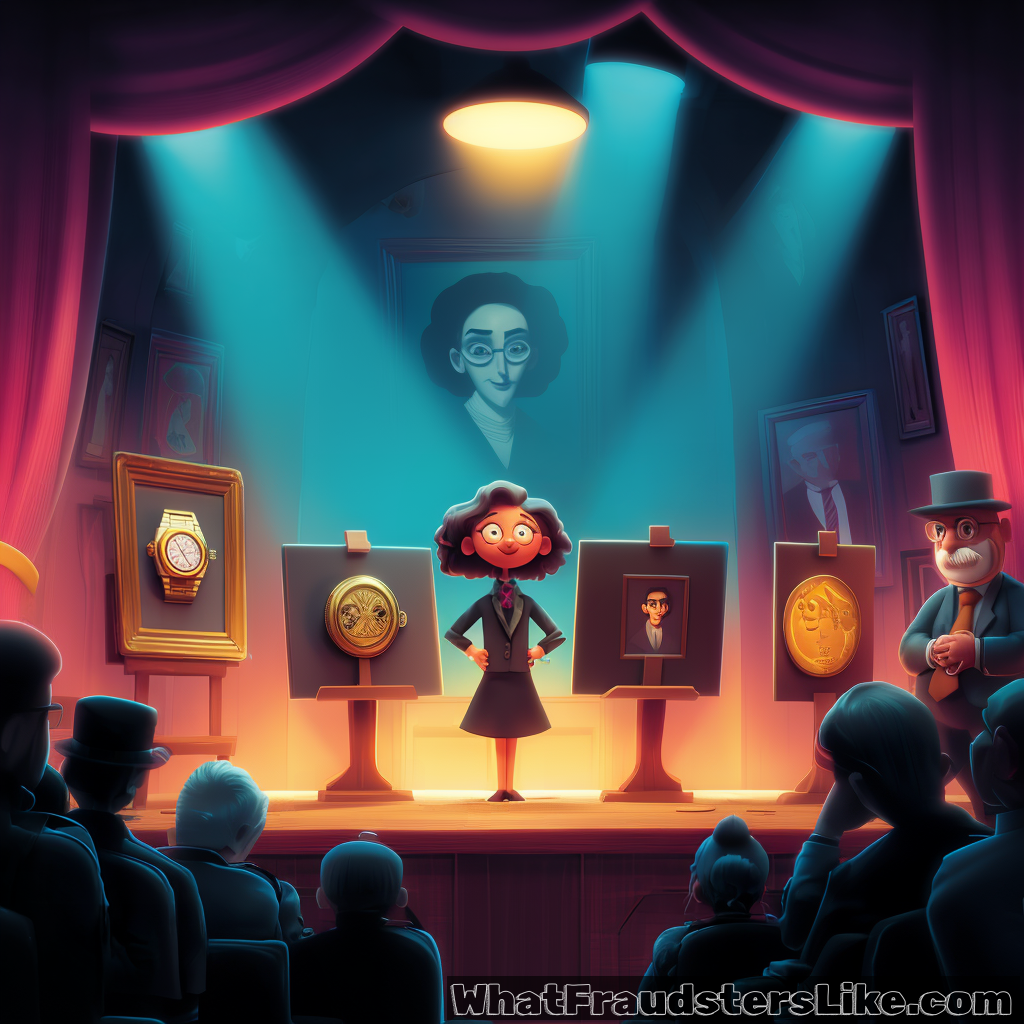 A collection of high-end collectibles, including a massive gold coin on a pedestal, a luxury sports car, and abstract art, is showcased in a sleek gallery. While mysterious, hooded figures - buyers - watch from the audience, highlighting the use of luxury goods for moving illicit funds.