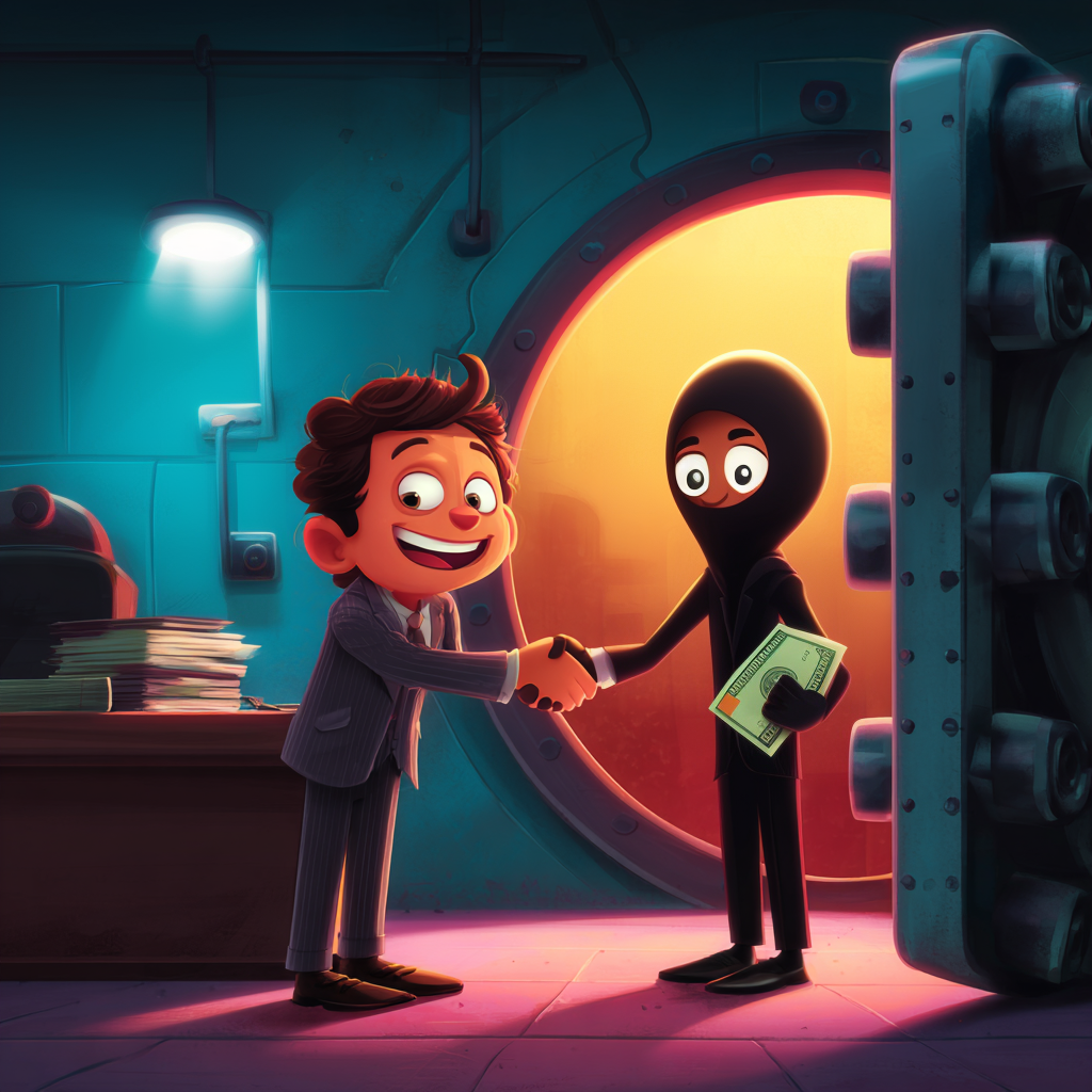 A cartoon banker and a masked thief celebrate a successful "inside job" with a handshake in front of an open vault.