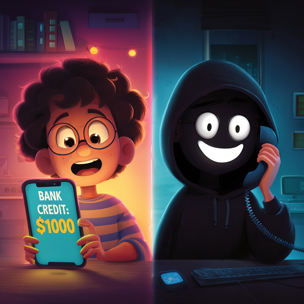 On the left, a surprised young boy with glasses looks at his smartphone, which displays a message: "BANK CREDIT: $1000." The scene is brightly lit with warm orange tones. On the right, separated by a vertical glow, a mysterious figure in a dark hoodie with a stylized, grinning mask talks on a corded telephone. The hacker’s side is cast in a cool, dark blue light, emphasizing the contrast between the victim's excitement and the fraudster's deception.