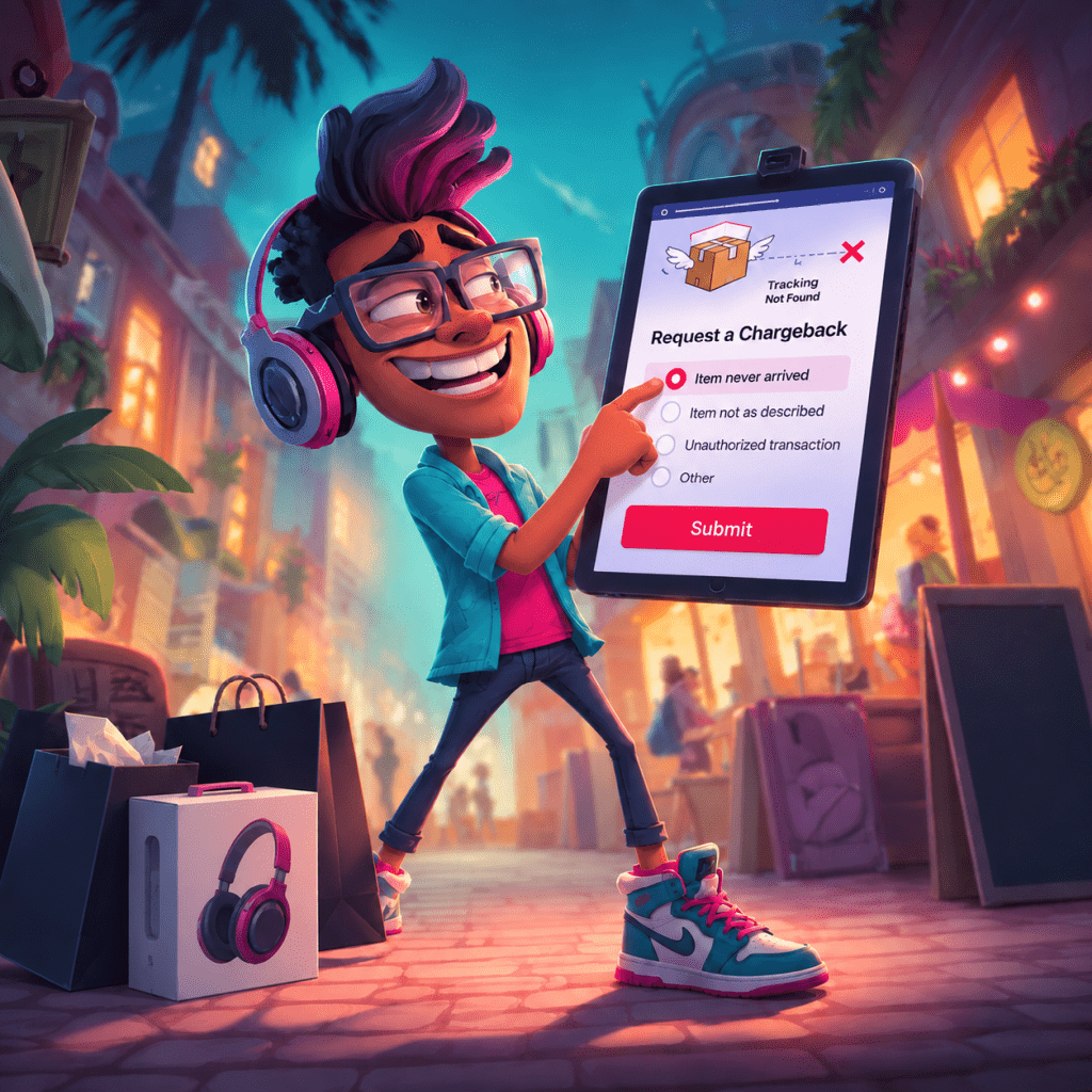 3D animated cartoon of a smiling young man on a city street submitting a fraudulent chargeback on a large tablet, selecting "Item never arrived" despite having his newly purchased headphone box and shopping bags right next to him.