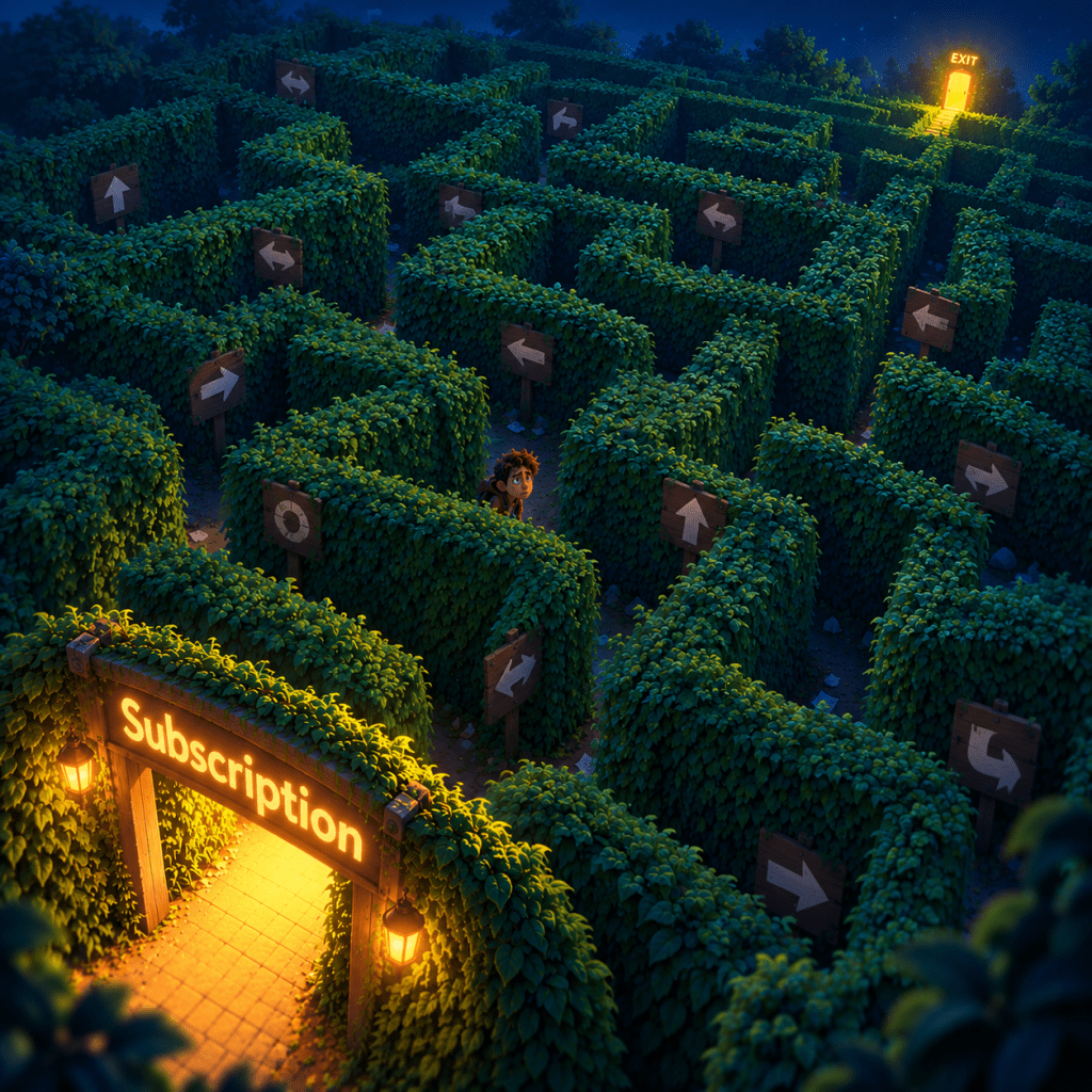 Cartoon of a glowing Subscription gate leading into a huge hedge maze full of confusing arrow signs, with a lost young man in the middle and a tiny exit far away in the corner.